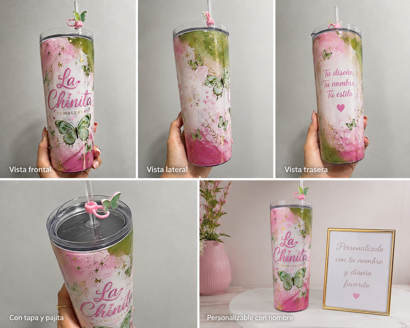 Vaso Personalizado 24 oz con Glitter y Sticker | La Chinita Tumblers